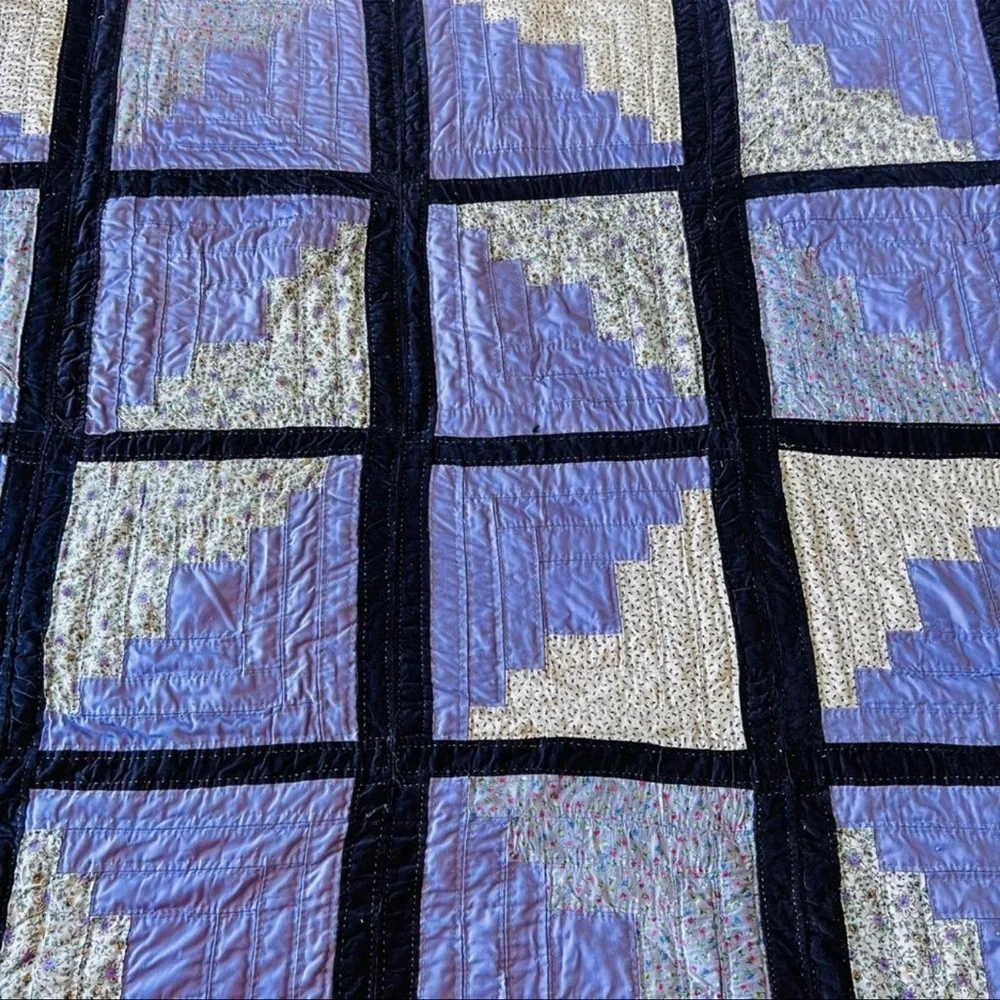 72”x90” Log Cabin Quilt. Fabulous Colors and Prints. Twin size . Hand Stitched .